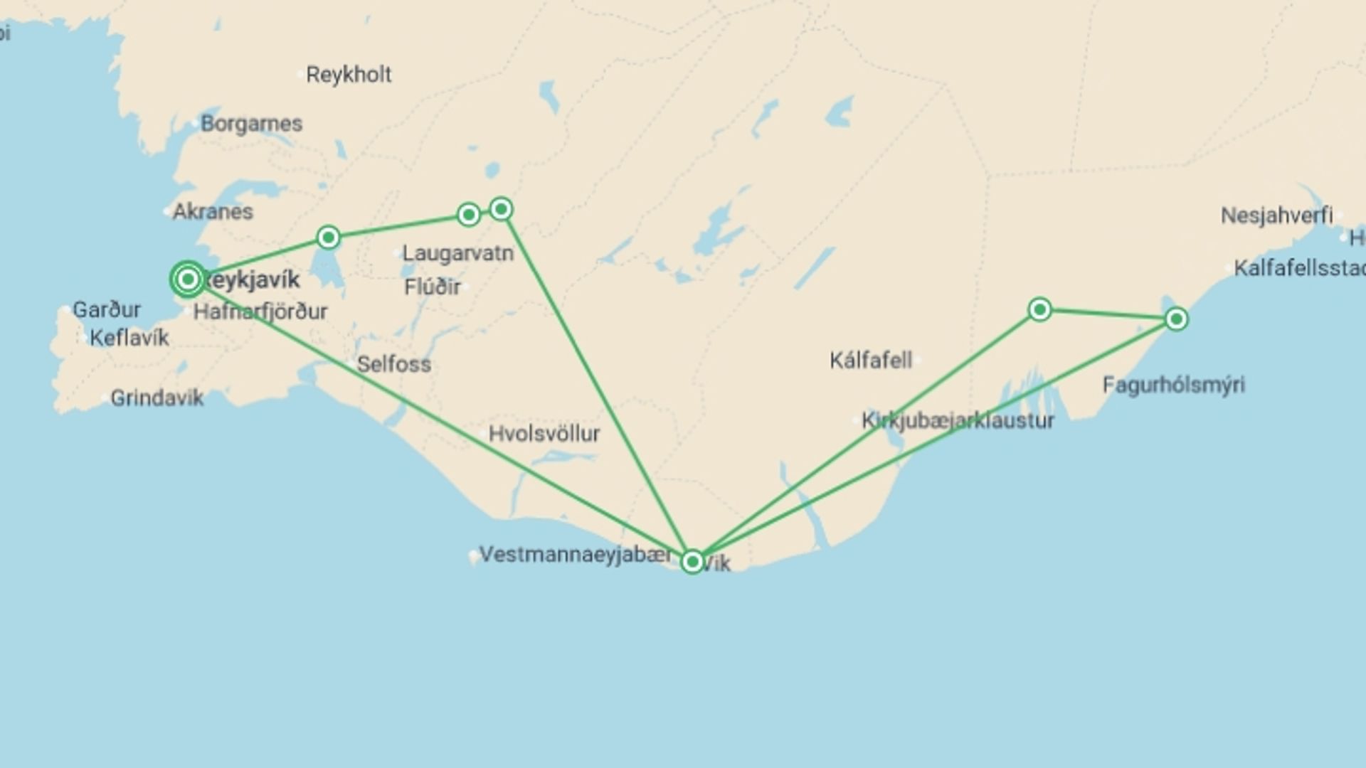 A map showing the tour itinerary for the trip: Iceland Northern Lights Hunt Adventure 5D/4N, starting in Reykjavik, Iceland and ending in Reykjavik, Iceland going through 1 other destinations.