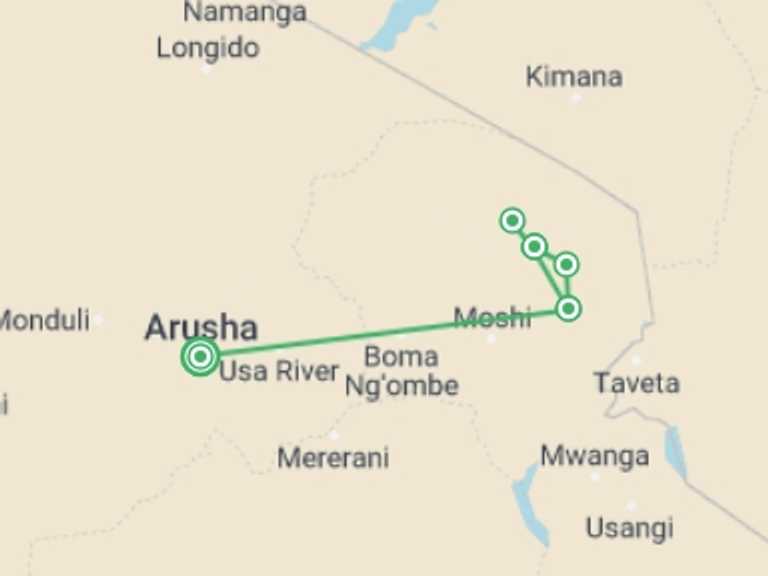 Map itinerary of Tanzania Tour in April 2027 with 6 destination visits for the trip: Marangu route 6 days 5 nights
