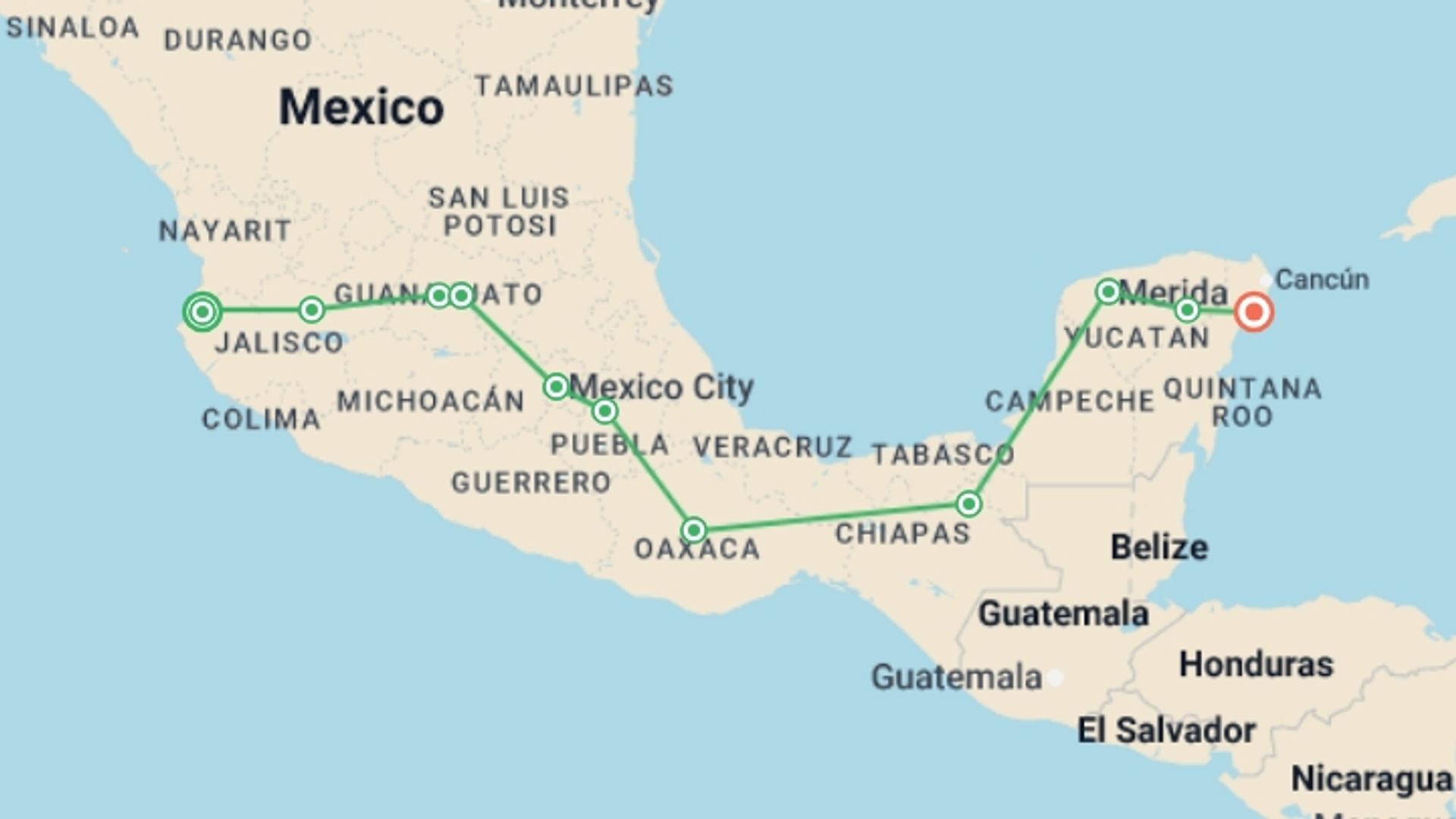 A map showing the tour itinerary for the trip: Mexico Coast-to-Coast: Puerto Vallarta to the Mayan Riviera, starting in Puerto Vallarta, Mexico and ending in Playa Del Carmen, Mexico going through 9 other destinations.