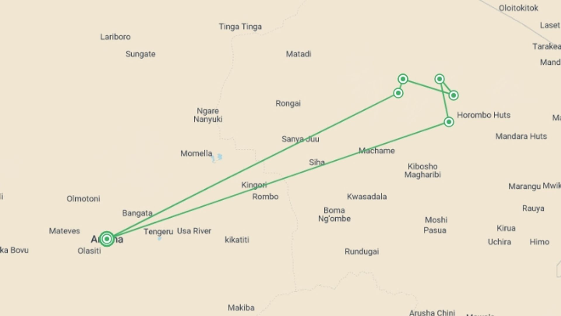 A map showing the tour itinerary for the trip: 6-Day Tanzania Holiday Kilimanjaro Climbing Machame Route, starting in Arusha, Tanzania and ending in Arusha, Tanzania going through 5 other destinations.