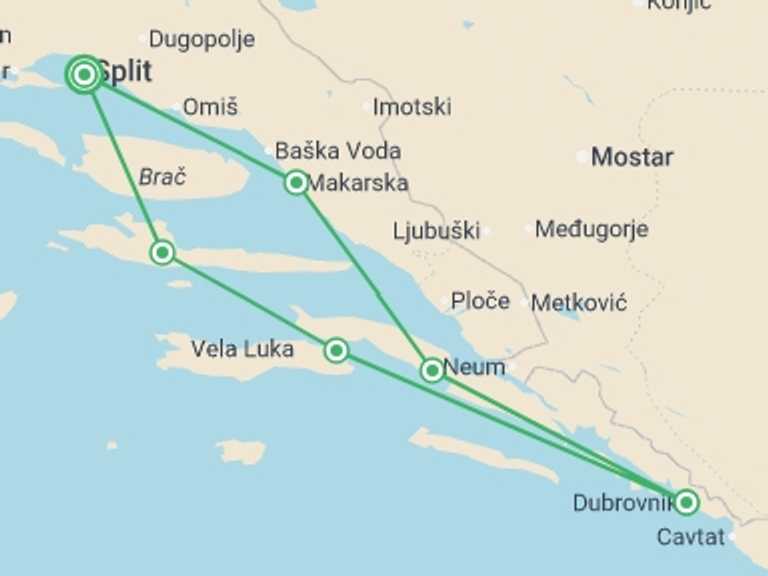 Map of Croatia Sailing, yachting and motor boating Tour with 6 destination visits for the trip: Croatia Island Sail