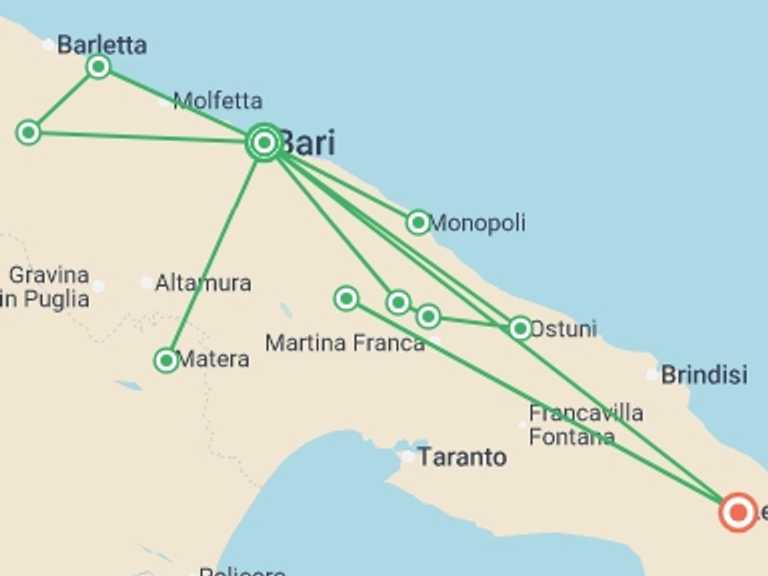 Map of Mediterranean Tour with 3 destination visits for the trip: Classic Puglia - 9 days