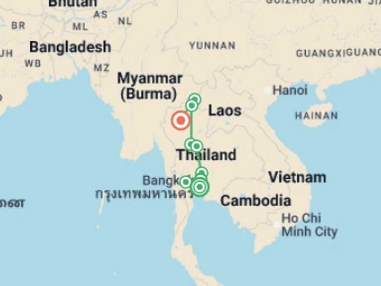 Map of Thailand Natural landmarks sightseeing Tour with 6 destination visits for the trip: River Kwai & Northern Thailand - 8 days
