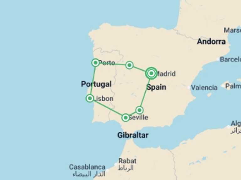Map itinerary of Portugal Tour in Winter with 6 destination visits for the trip: Spain and Portugal Highlights