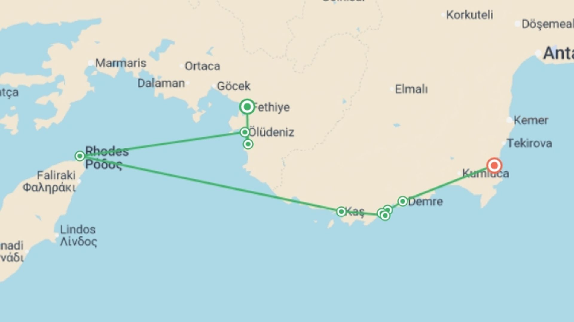 A map showing the tour itinerary for the trip: Fethiye to Olympos Sailing Adventure - 4 days, starting in Fethiye, Turkey and ending in Olympos, Turkey going through 5 other destinations.