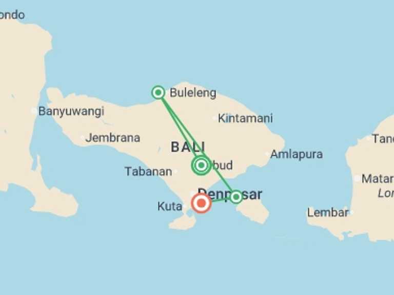 Map itinerary of South East Asia Tour in April 2026 with 4 destination visits for the trip: Solo-ish Bali