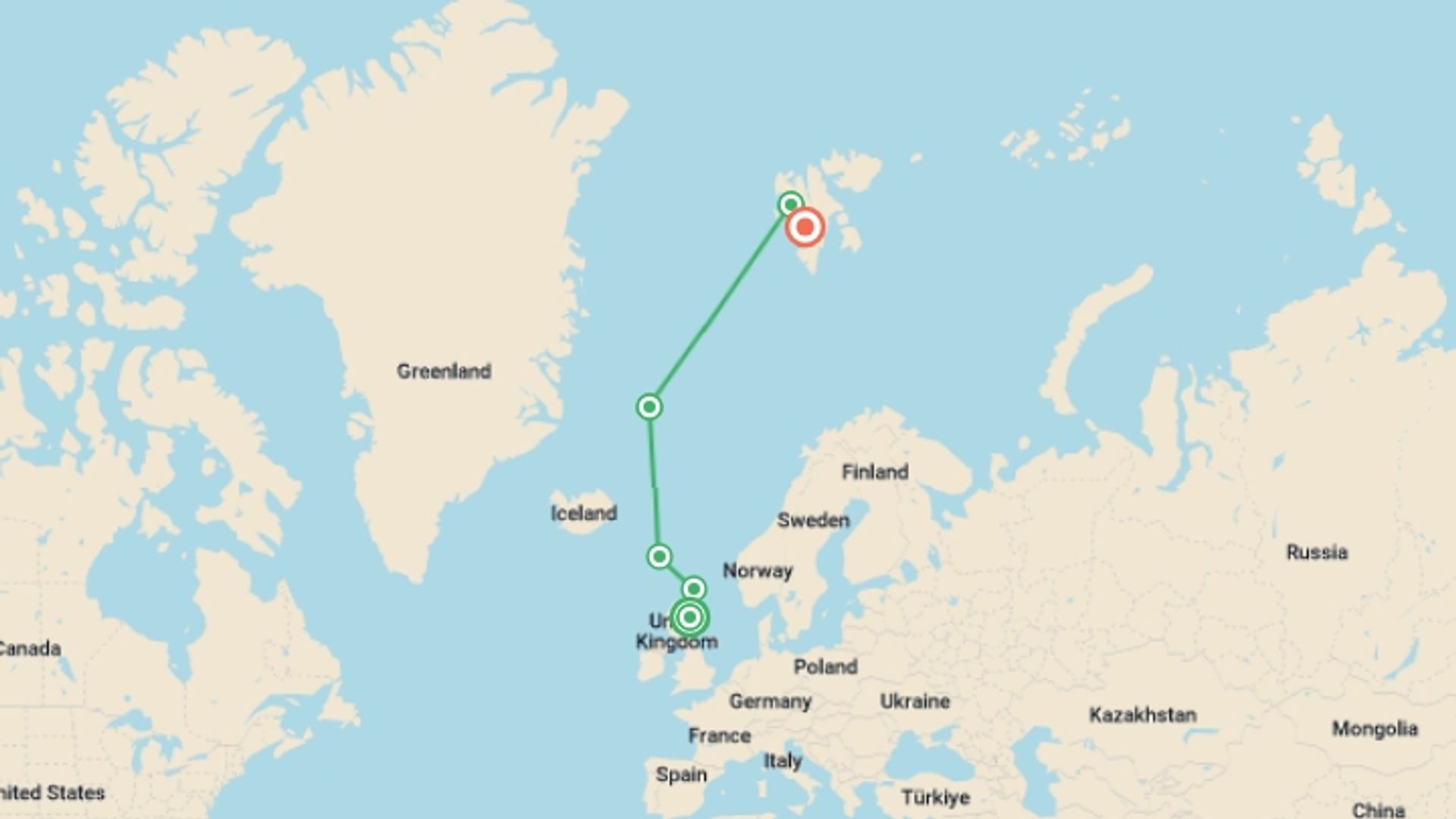 A map showing the tour itinerary for the trip: Arctic Saga: Spitsbergen, Faroes & Jan Mayen, starting in Aberdeen, Scotland and ending in Longyearbyen, Norway going through 5 other destinations.