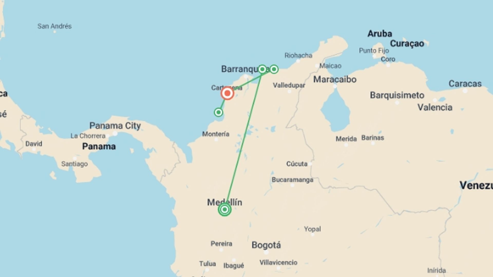 A map showing the tour itinerary for the trip: Colombia Uncovered, starting in Medellin, Colombia and ending in Cartagena, Colombia going through 3 other destinations.
