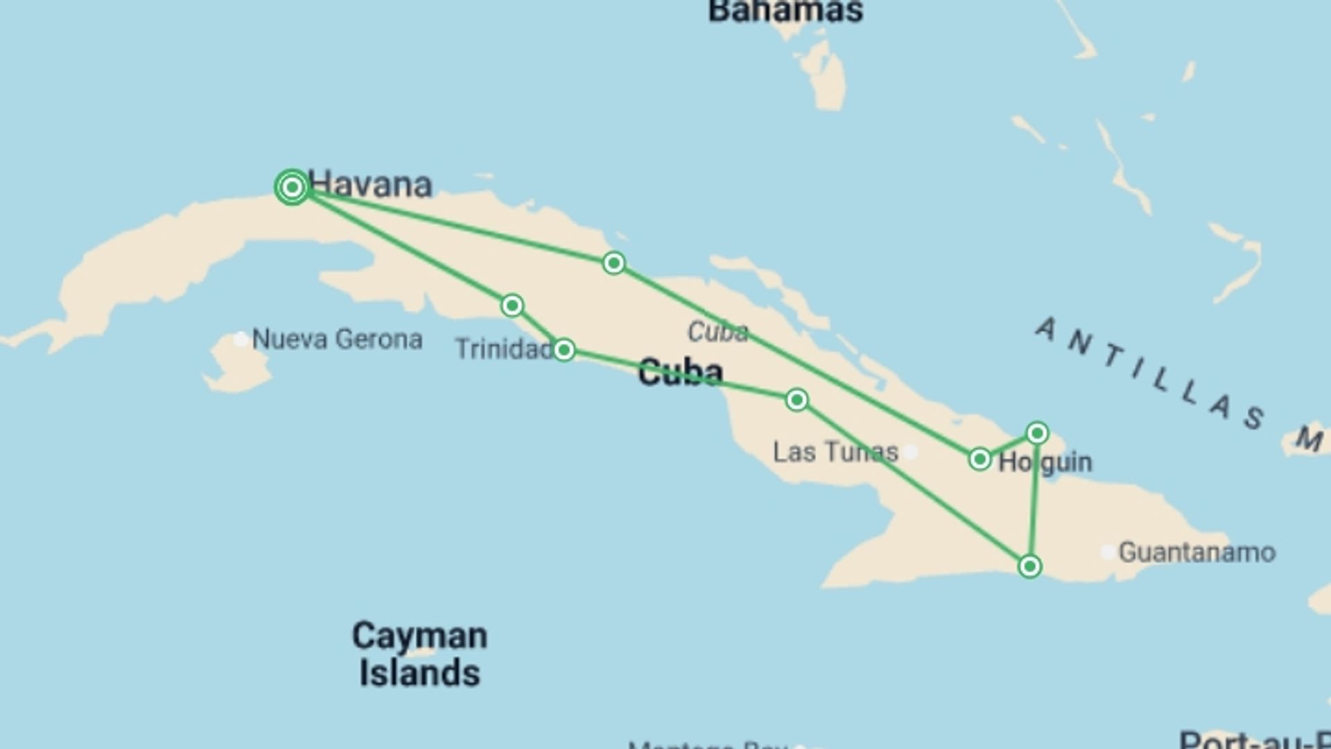 A map showing the tour itinerary for the trip: Entire Cuba, starting in Havana, Cuba and ending in Havana, Cuba going through 7 other destinations.