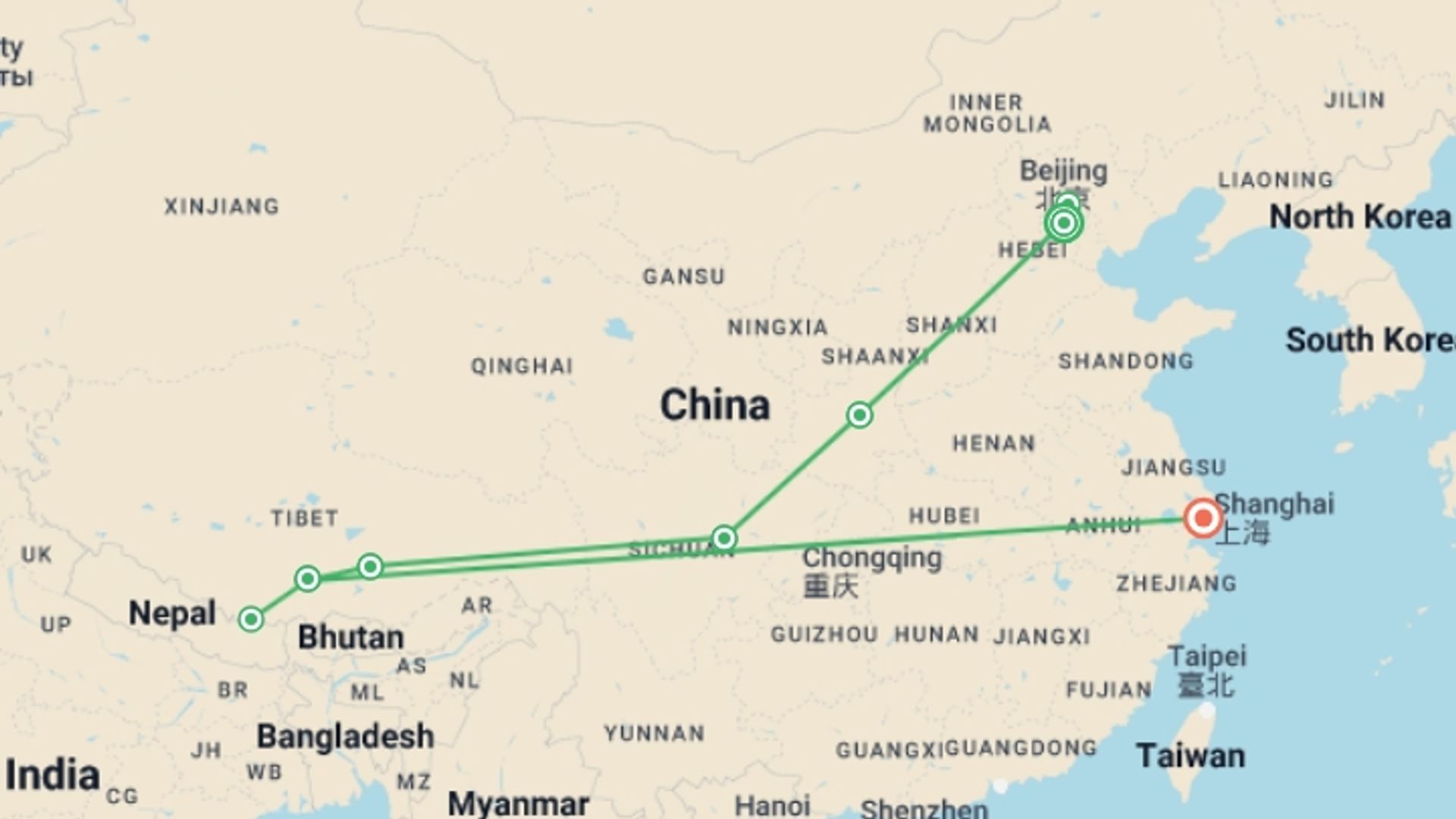 A map showing the tour itinerary for the trip: 15 Days Cultural Diversity of China, Panda & Holy Tibet, starting in Beijing, China and ending in Shanghai, China going through 5 other destinations.