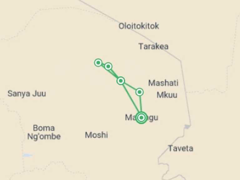 Map itinerary of East Africa Tour in May 2026 with 5 destination visits for the trip: Kilimanjaro: Marangu Route