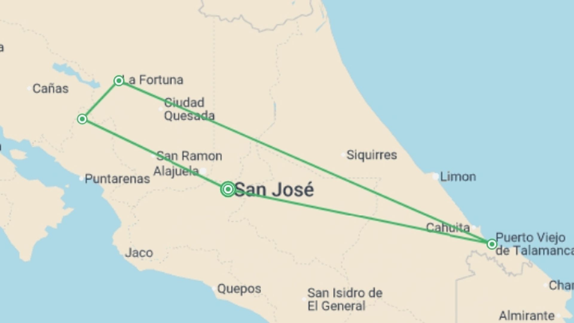 A map showing the tour itinerary for the trip: One Week In Costa Rica, starting in San Jose, Costa Rica and ending in San Jose, Costa Rica going through 3 other destinations.