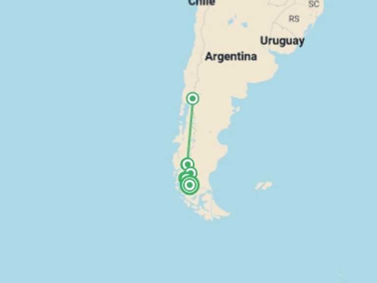Map itinerary of Chile Tour in March 2026 with 13 destination visits for the trip: Patagonia Classic Trek 12 days