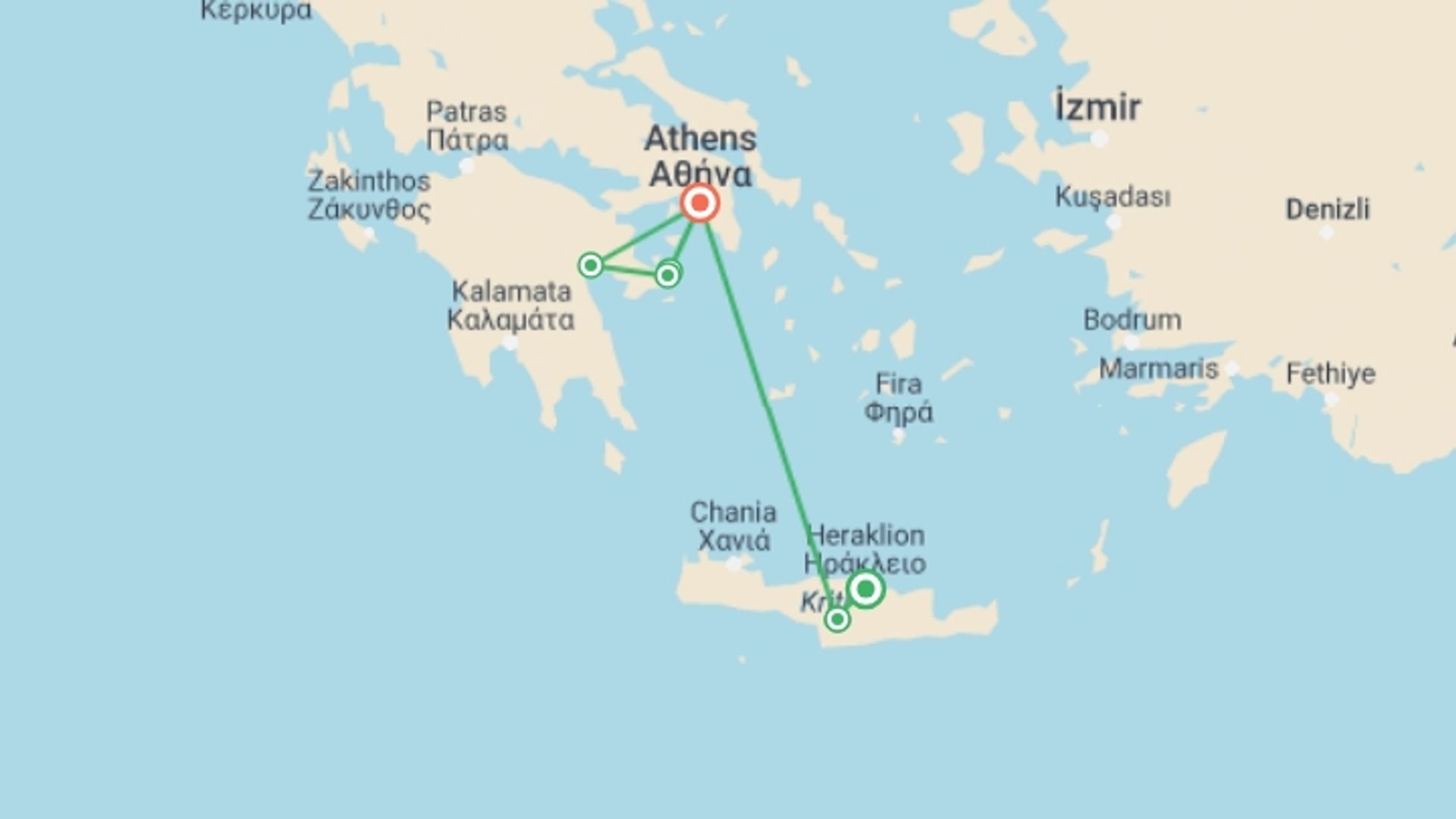 A map showing the tour itinerary for the trip: A Taste of Greece - Crete to the Peloponnese, starting in Heraklion, Greece and ending in Athens, Greece going through 4 other destinations.