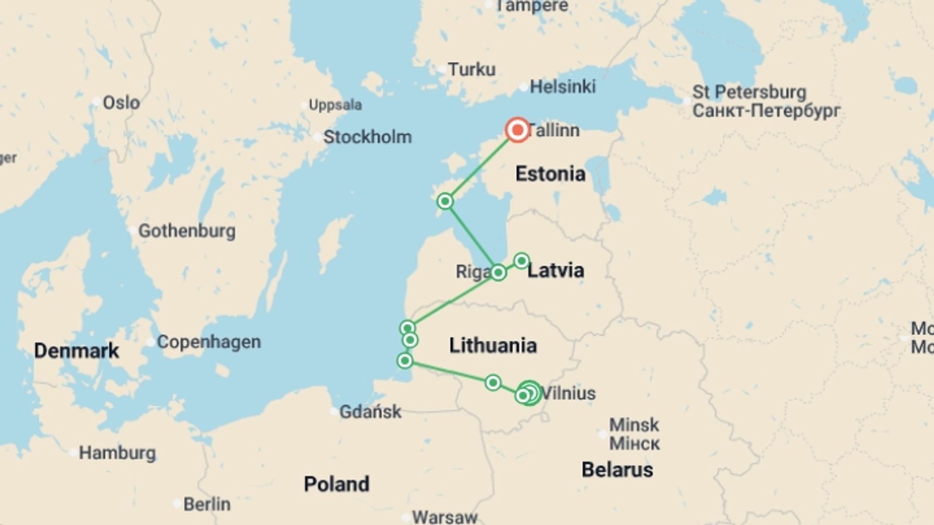 A map showing the tour itinerary for the trip: Treasures of the Baltics Self Guided, starting in Vilnius, Lithuania and ending in Tallinn, Estonia going through 5 other destinations.
