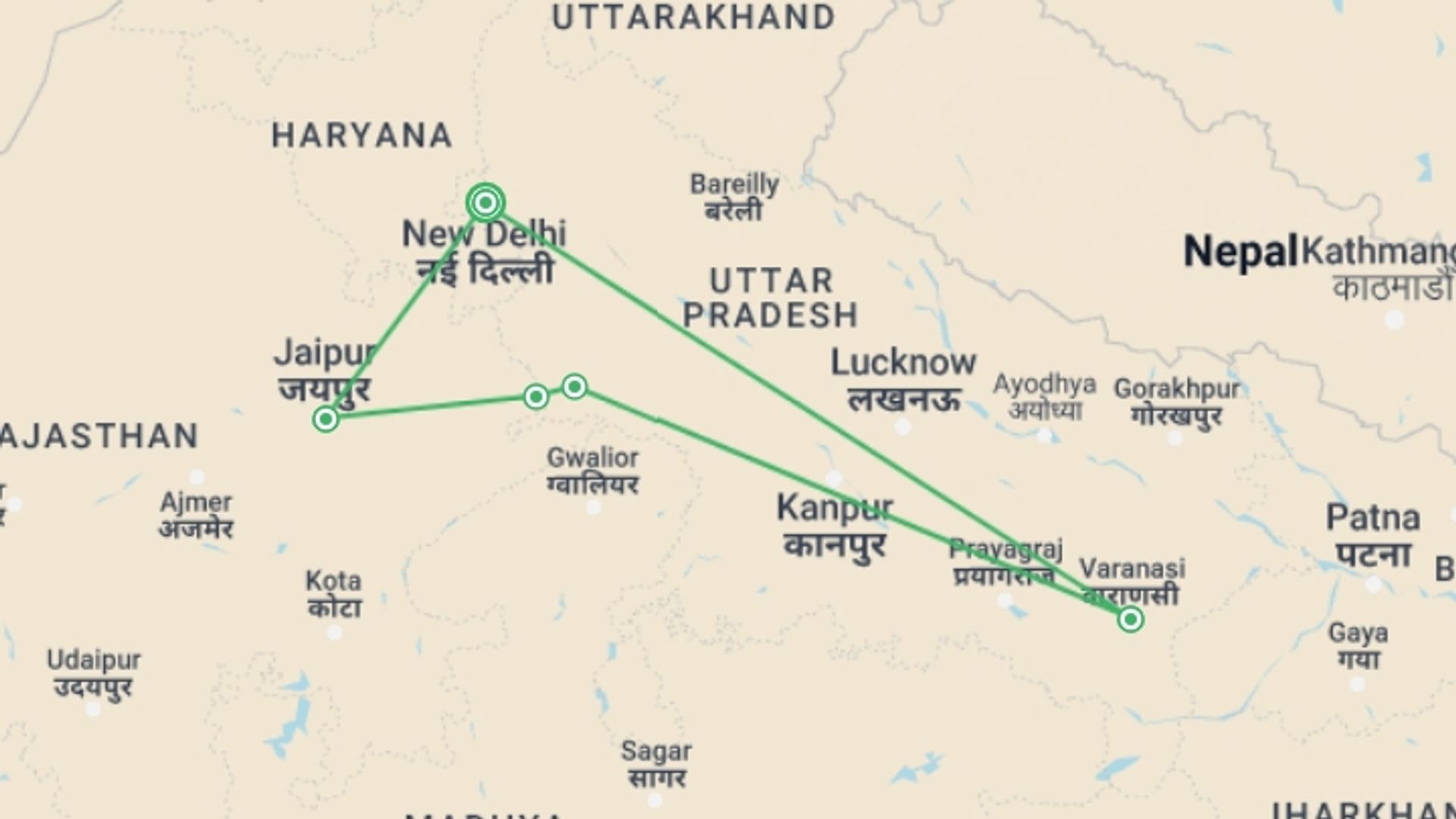 A map showing the tour itinerary for the trip: Ganges Tour, starting in New Delhi, India and ending in New Delhi, India going through 4 other destinations.