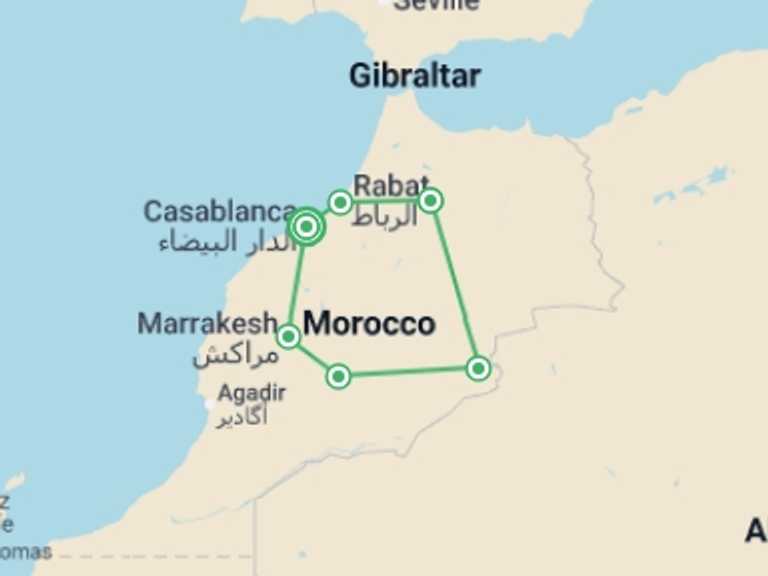 Map itinerary of Africa Tour in February 2026 with 6 destination visits for the trip: Road to Casablanca - 9 Days