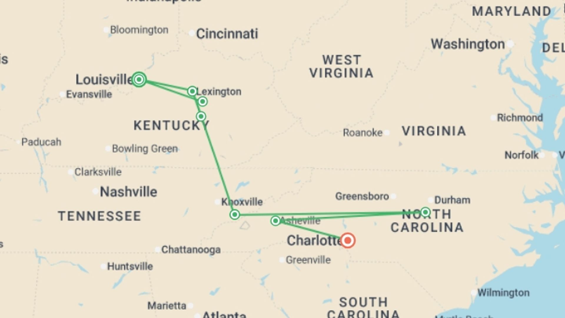 A map showing the tour itinerary for the trip: Bluegrass Country & the Smoky Mountains featuring Louisville, Lexington, Gatlinburg & Asheville, starting in Louisville, USA and ending in Charlotte, USA going through 5 other destinations.