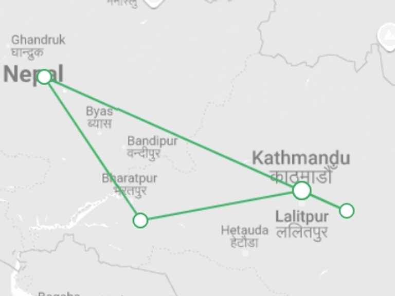 Map itinerary of Nepal Tour in Winter with 4 destination visits for the trip: Picturesque Solo Nepal Tour