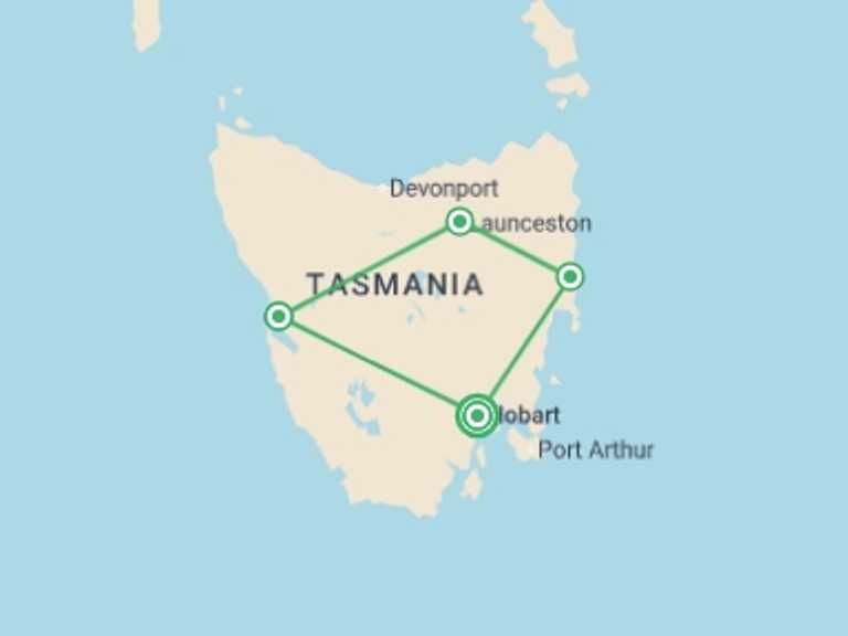 Map itinerary of Australia Tour in February 2027 with 4 destination visits for the trip: Grand Tasmania Explorer - 7 days