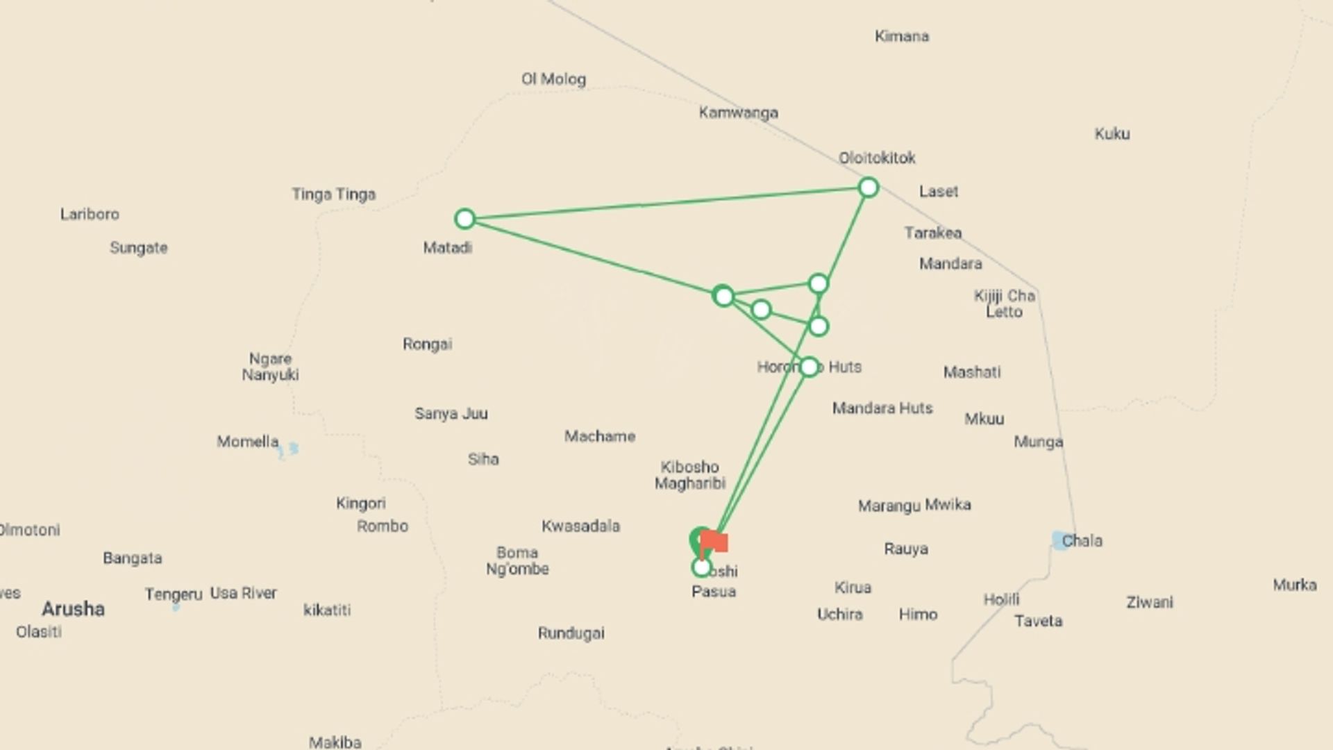 A map showing the tour itinerary for the trip: Kilimanjaro - Rongai Route, starting in Moshi, Tanzania and ending in Moshi, Tanzania going through 8 other destinations.