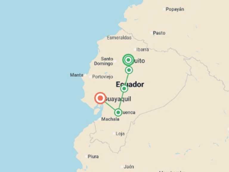 Map itinerary of South America Tour in March 2027 with 5 destination visits for the trip: 8-day Mainland Ecuador: Quito, Cotopaxi, Quilotoa, Cuenca & Guayaquil, Private Tour