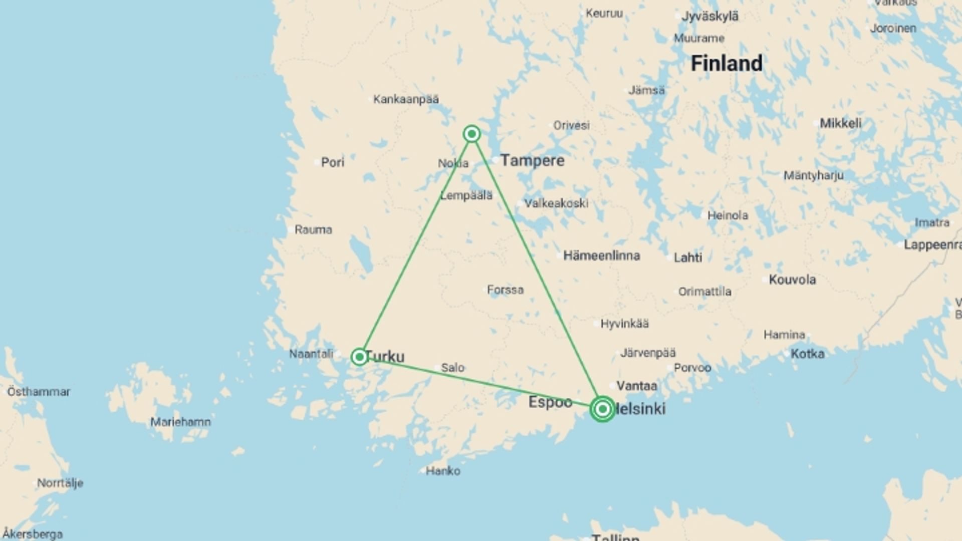 A map showing the tour itinerary for the trip: Cities of South Finland - 8 days, starting in Helsinki, Finland and ending in Helsinki, Finland going through 2 other destinations.