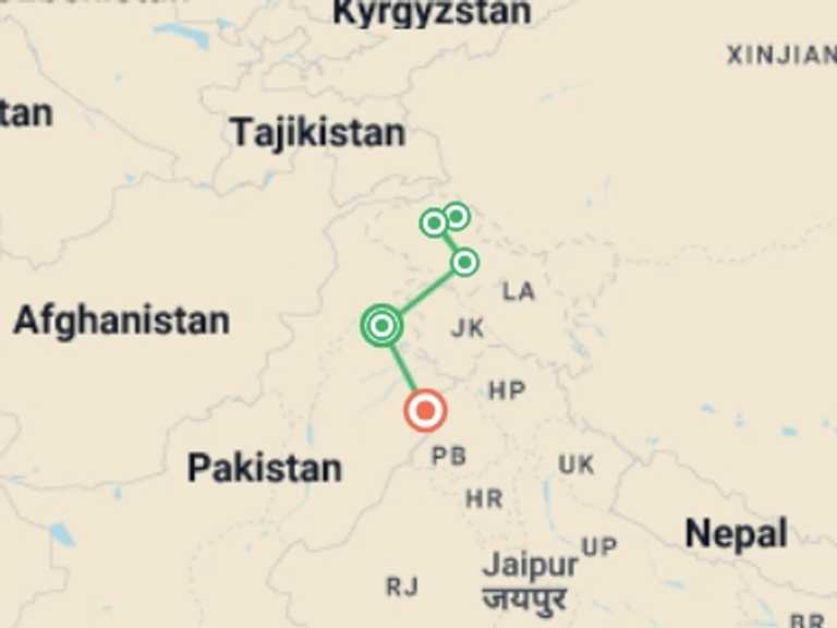 Map of South Asia Tour with 6 destination visits for the trip: Pakistan Expedition