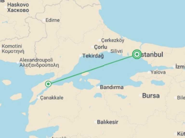Map of a War sites Tour with 3 destination visits for the trip: Gallipoli and Troy Getaway Tour