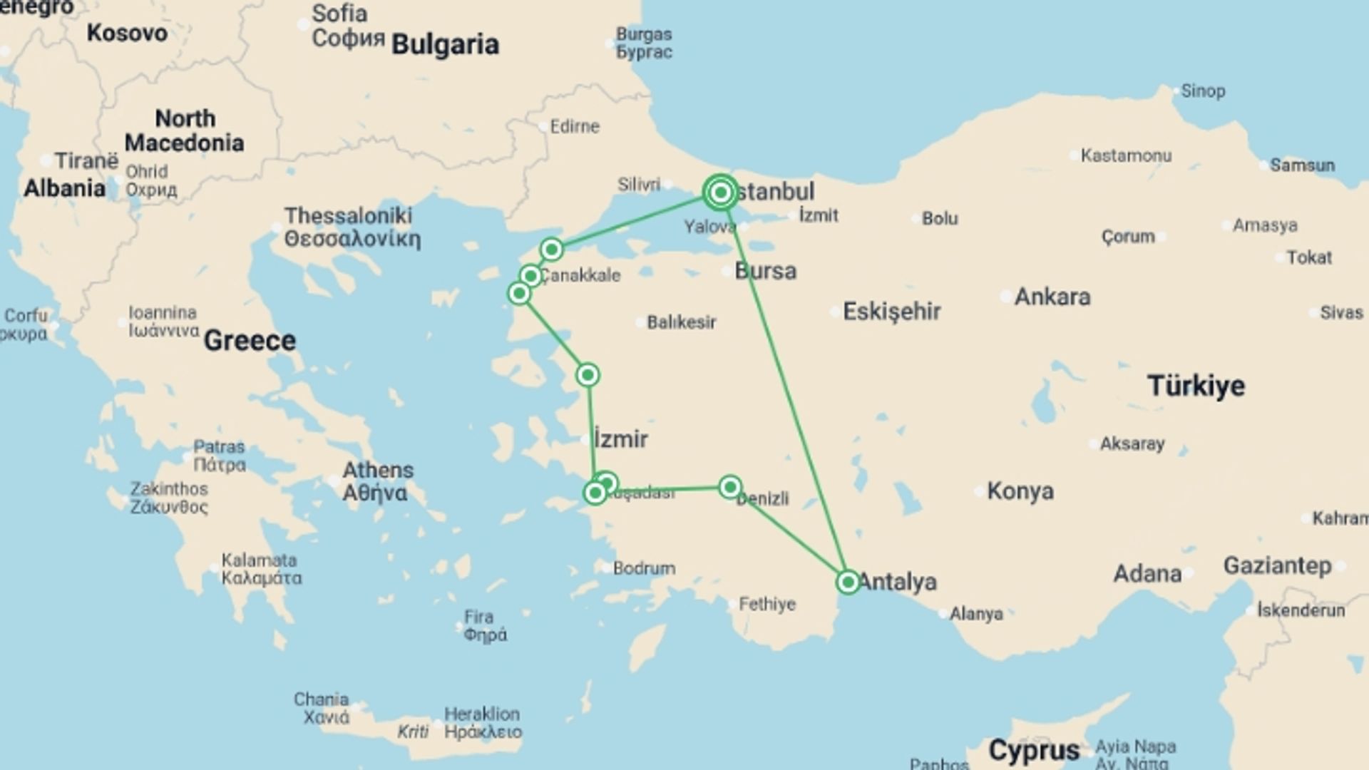 A map showing the tour itinerary for the trip: Legendary Turkey, starting in Istanbul, Turkey and ending in Istanbul, Turkey going through 3 other destinations.