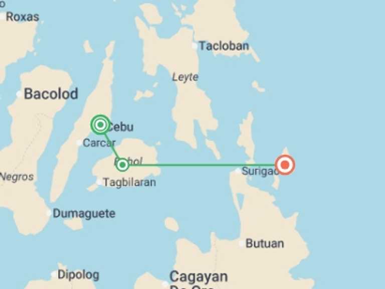 Map of 8-Day Asia Tour with 3 destination visits for the trip: Philippines Siargao Adventure