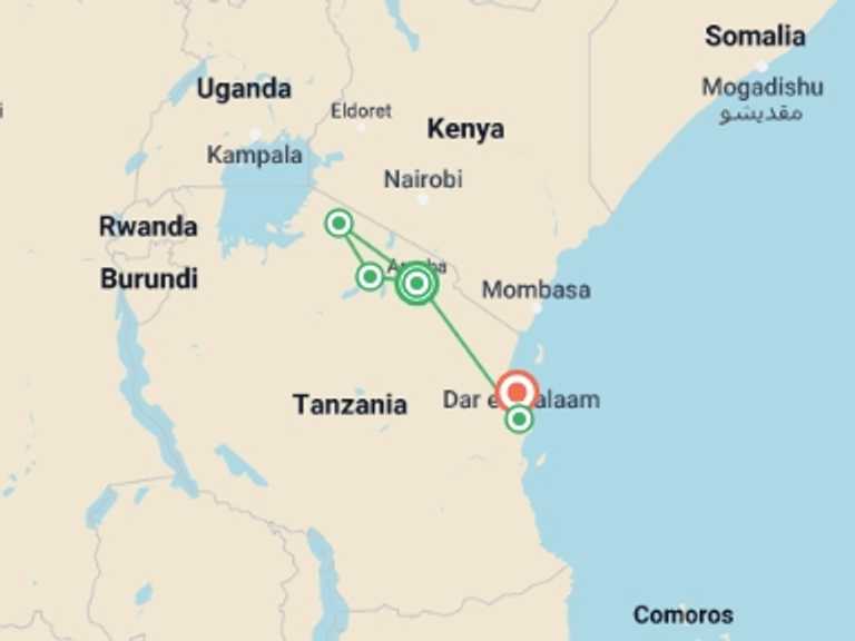 Map of Dar Es Salaam Explorer Tour with 6 destination visits for the trip: Serengeti to Zanzibar Overland Safari & Participation Camping