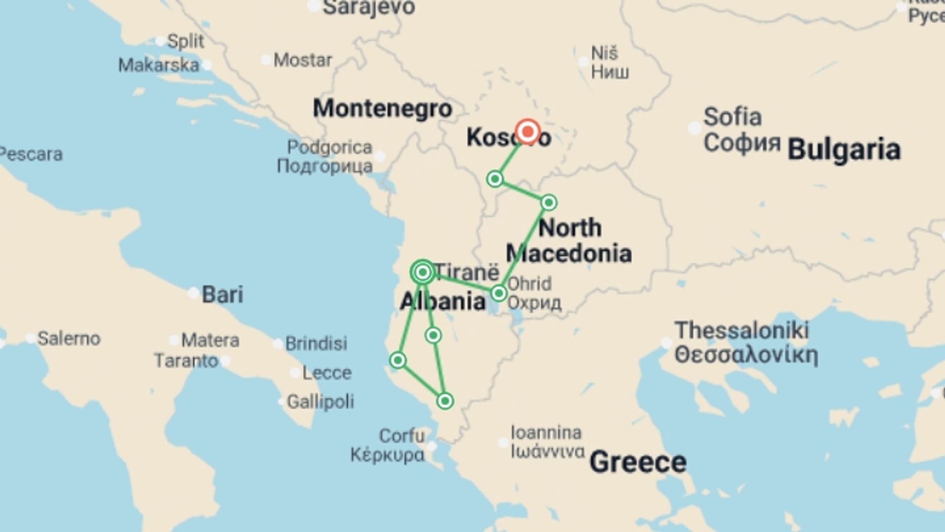 A map showing the tour itinerary for the trip: Albania, Kosovo, & Macedonia Adventure, starting in Tirana, Albania and ending in Pristina, Kosovo going through 6 other destinations.