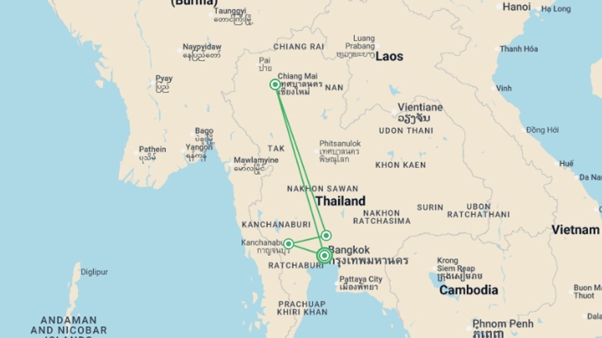 A map showing the tour itinerary for the trip: Journeys: Explore Northern Thailand, starting in Bangkok, Thailand and ending in Bangkok, Thailand going through 3 other destinations.