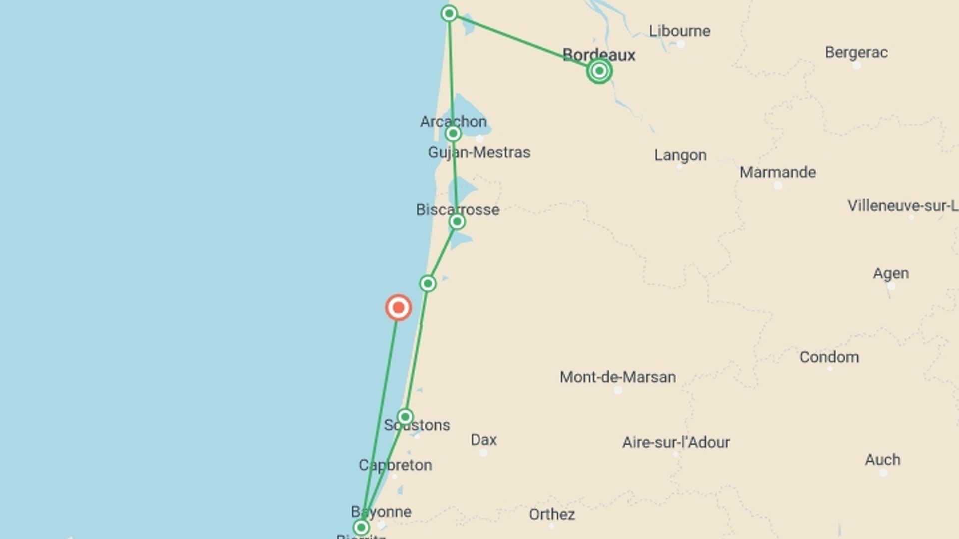 A map showing the tour itinerary for the trip: Cycle Bordeaux to Biarritz, starting in Bordeaux, France and ending in Southern France, France going through 6 other destinations.