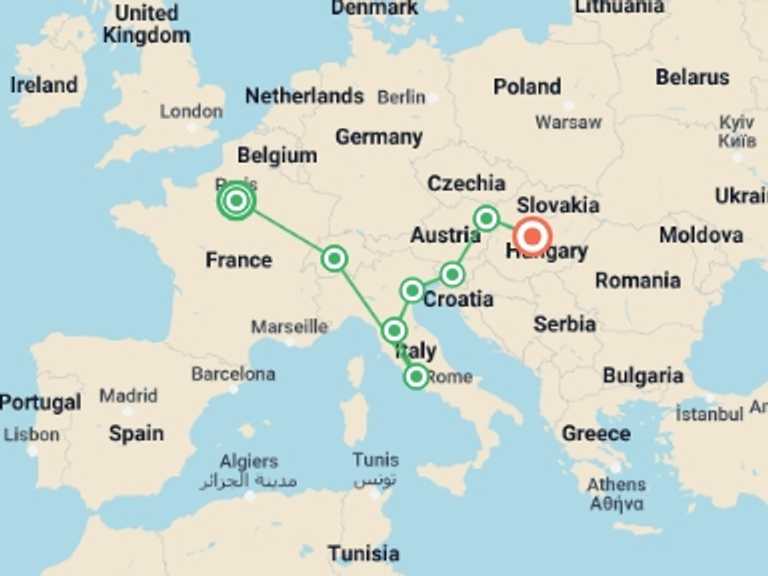Map of 15-Day Europe Tour with 8 destination visits for the trip: Paris to Budapest: Famous Sites & Tasty Bites