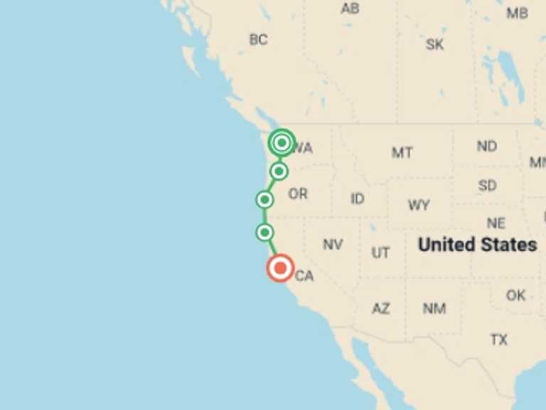 Map itinerary of USA Tour in Spring with 5 destination visits for the trip: Best of the Pacific Northwest
