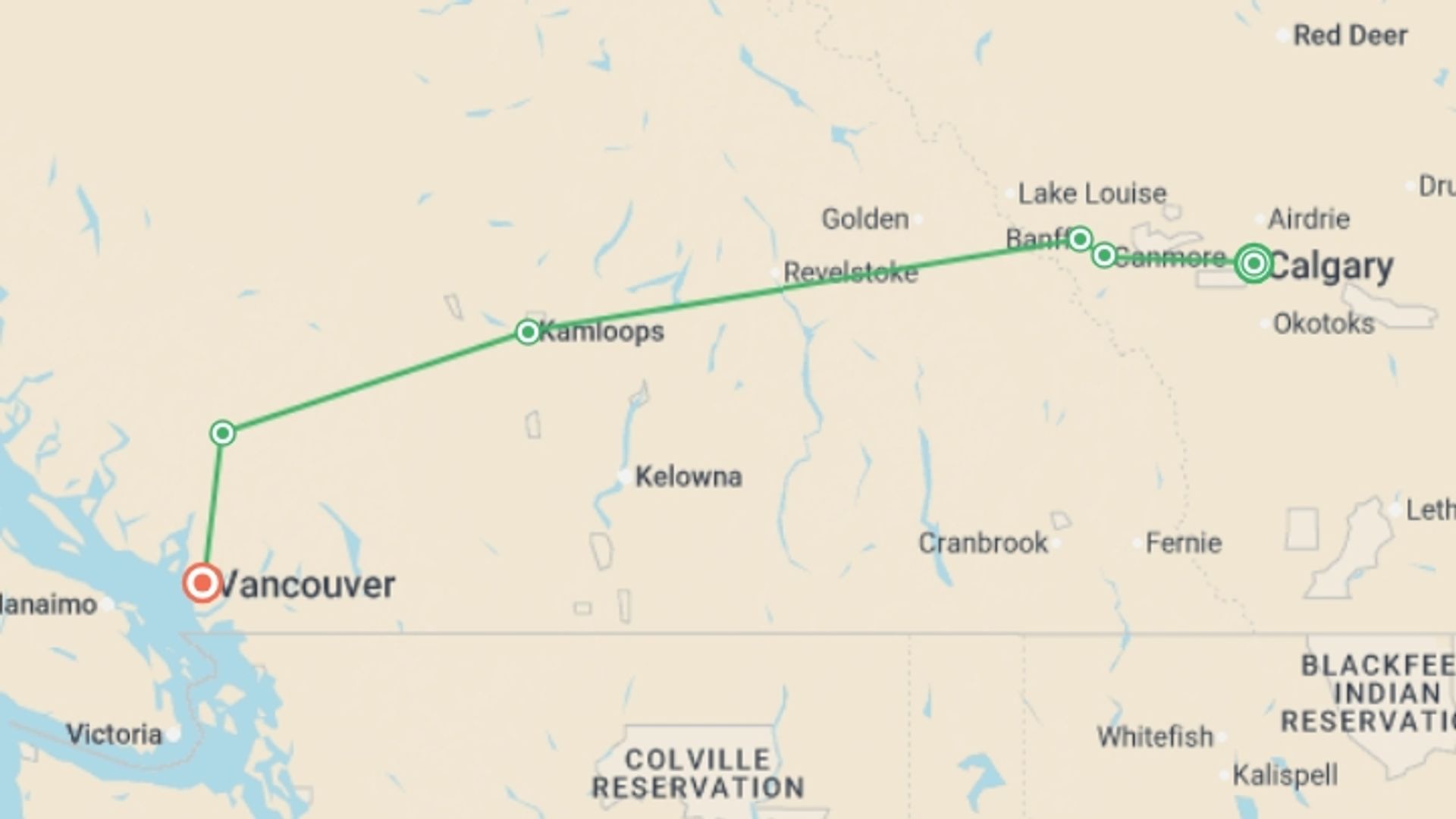 A map showing the tour itinerary for the trip: Western Journey, starting in Calgary, Canada and ending in Vancouver, Canada going through 6 other destinations.