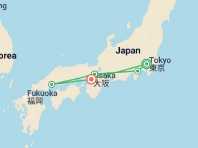 Map itinerary of Japan Tour in Summer with 5 destination visits for the trip: Japan Highlights 8D/7N