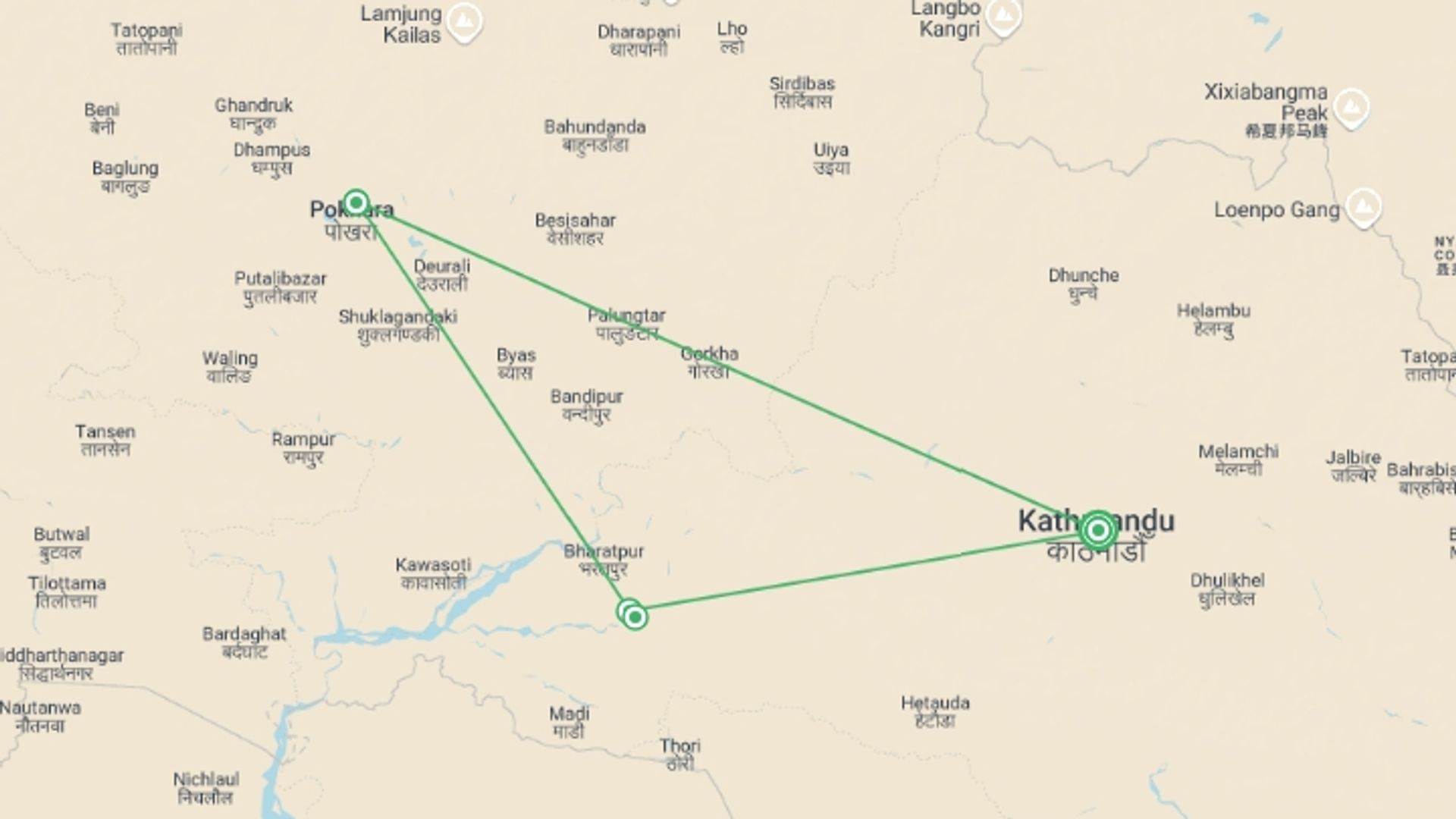 A map showing the tour itinerary for the trip: Classic Nepal Experience, starting in Kathmandu, Nepal and ending in Kathmandu, Nepal going through 3 other destinations.