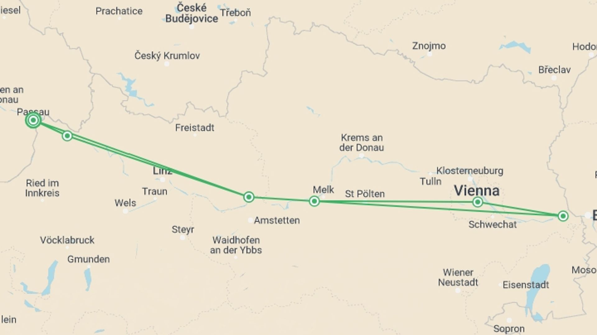 A map showing the tour itinerary for the trip: The Danube by Bike & Boat, starting in Passau, Germany and ending in Passau, Germany going through 5 other destinations.