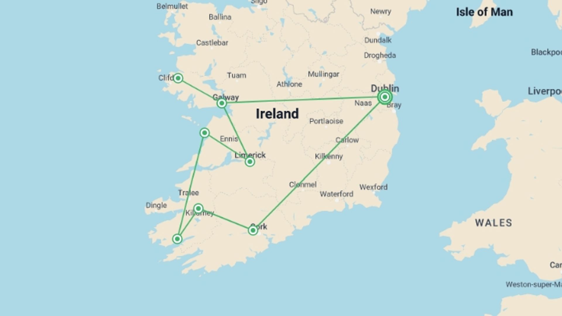 A map showing the tour itinerary for the trip: Unforgettable Ireland, starting in Dublin, Ireland and ending in Dublin, Ireland going through 4 other destinations.