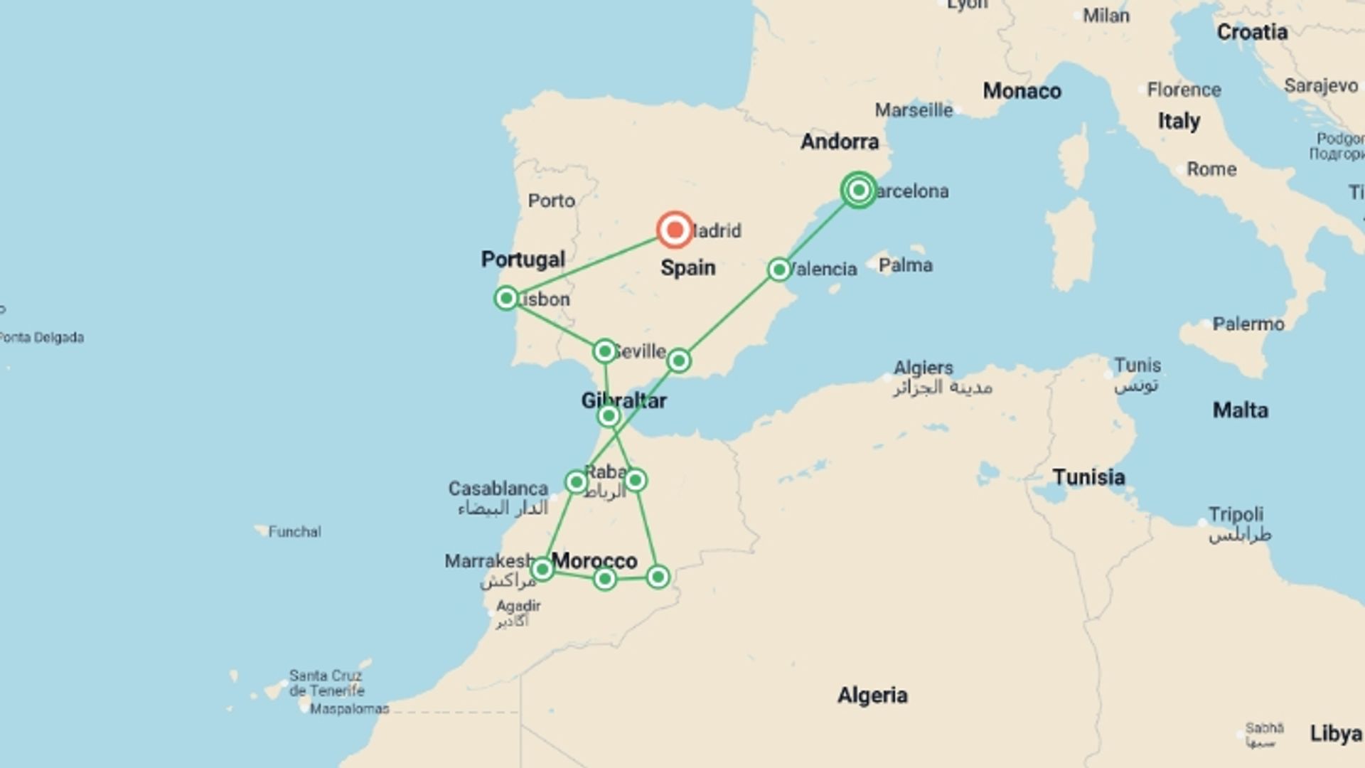 A map showing the tour itinerary for the trip: Spain, Morocco and Portugal, starting in Barcelona, Spain and ending in Madrid, Spain going through 10 other destinations.