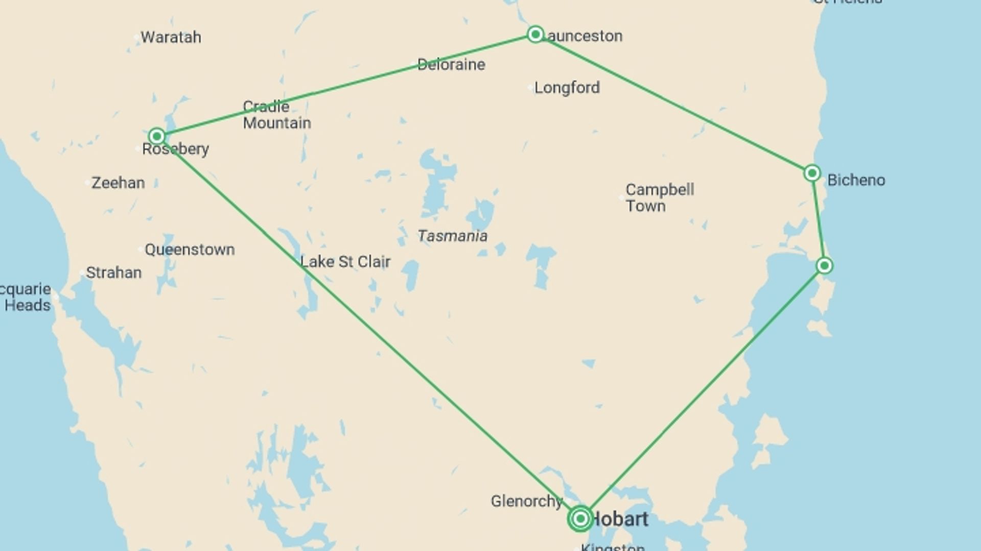 A map showing the tour itinerary for the trip: Totally Tasmania - 6 days, starting in Hobart, Australia and ending in Hobart, Australia going through 4 other destinations.