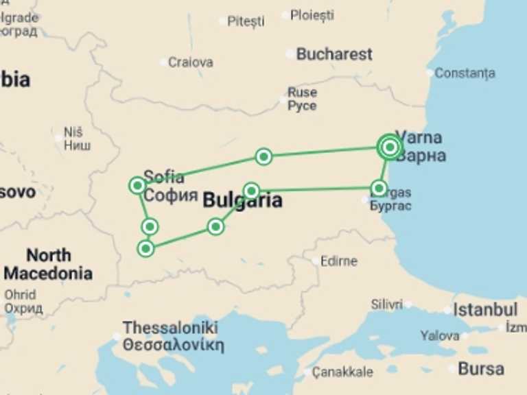 Map itinerary of Europe Tour in Fall with 5 destination visits for the trip: Secrets Of Bulgaria, Private Tour