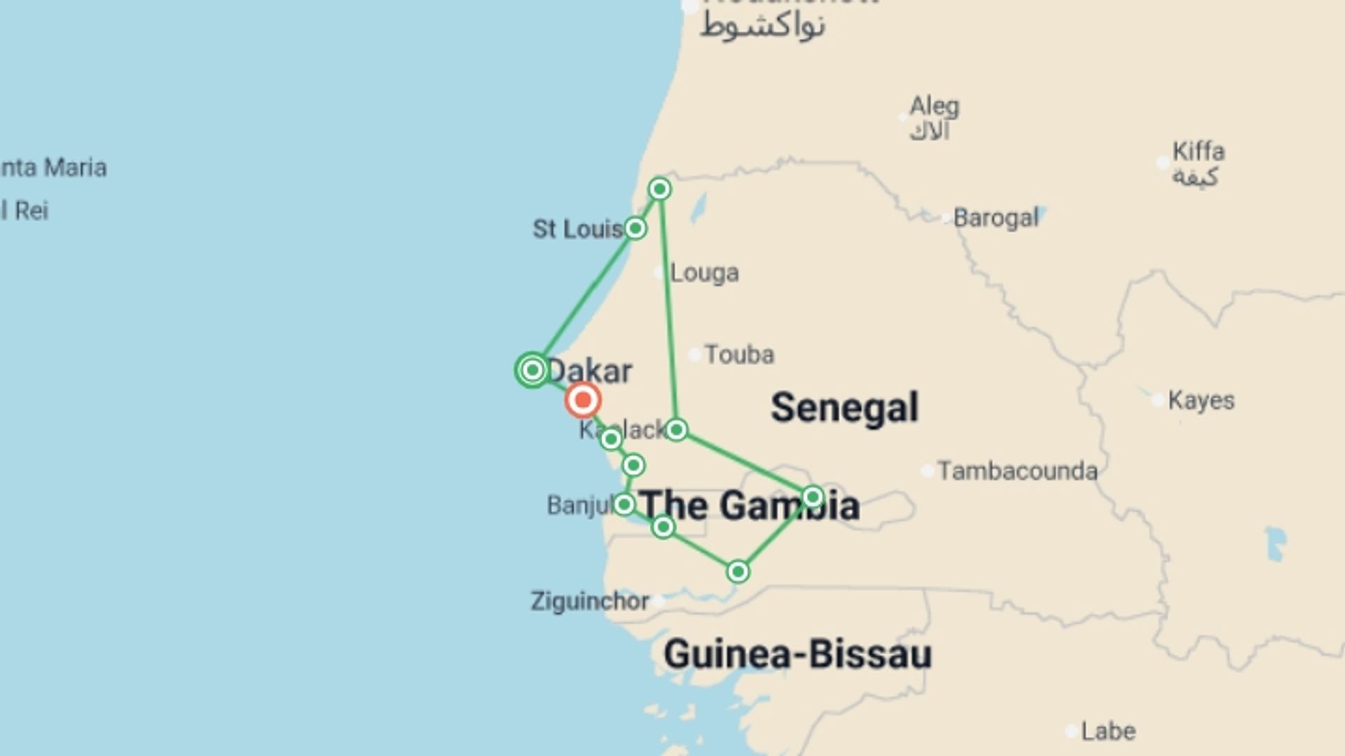 A map showing the tour itinerary for the trip: Senegal and The Gambia, starting in Dakar, Senegal and ending in Saly, Senegal going through 9 other destinations.