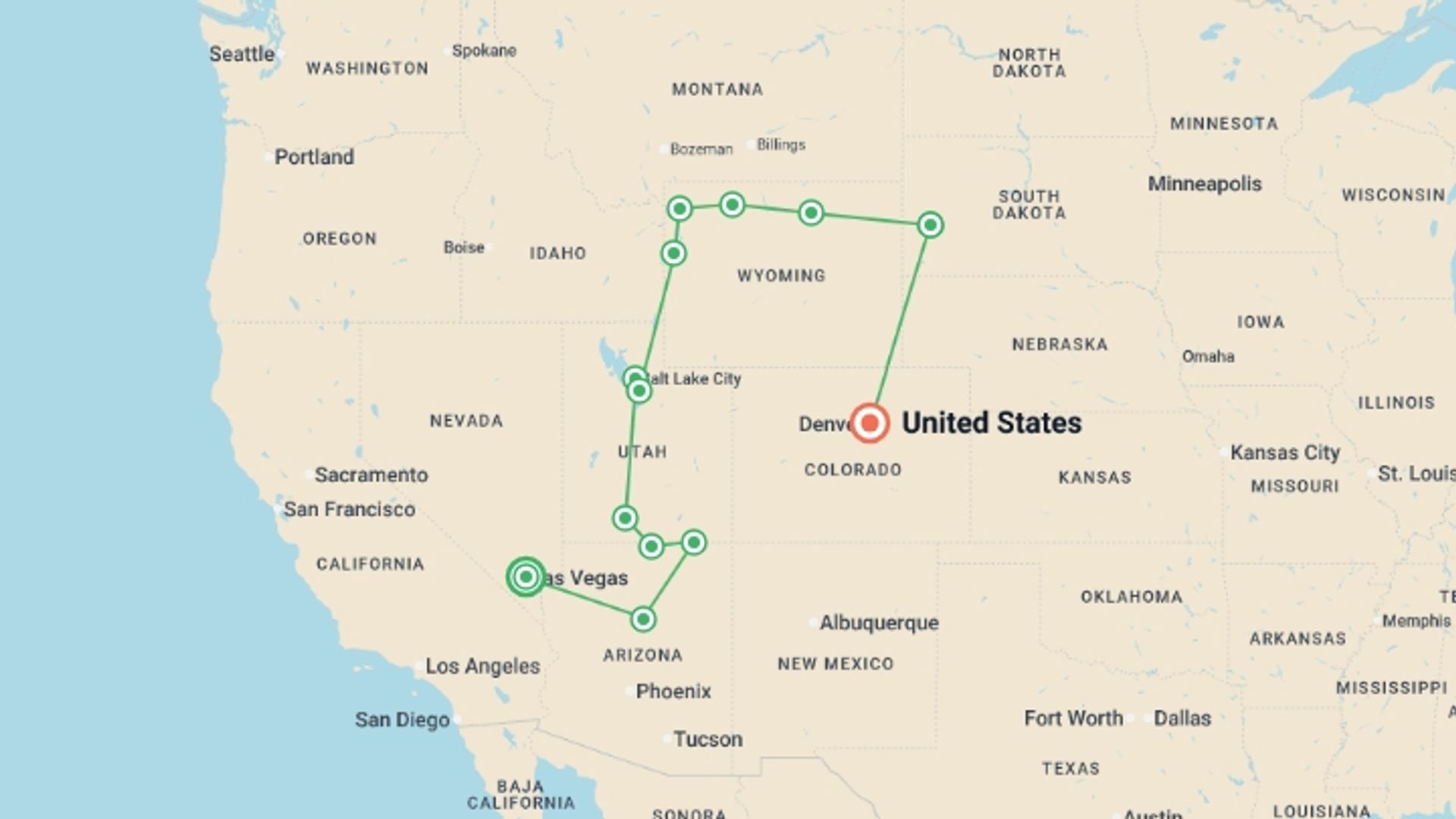 A map showing the tour itinerary for the trip: Spectacular Canyons and National Parks, starting in Las Vegas, USA and ending in Denver, USA going through 10 other destinations.