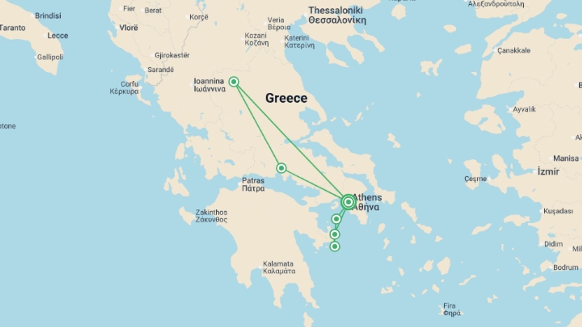 A map showing the tour itinerary for the trip: Dreaming Of Classical Greece, Spanish-speaking Guide, starting in Athens, Greece and ending in Athens, Greece going through 1 other destinations.