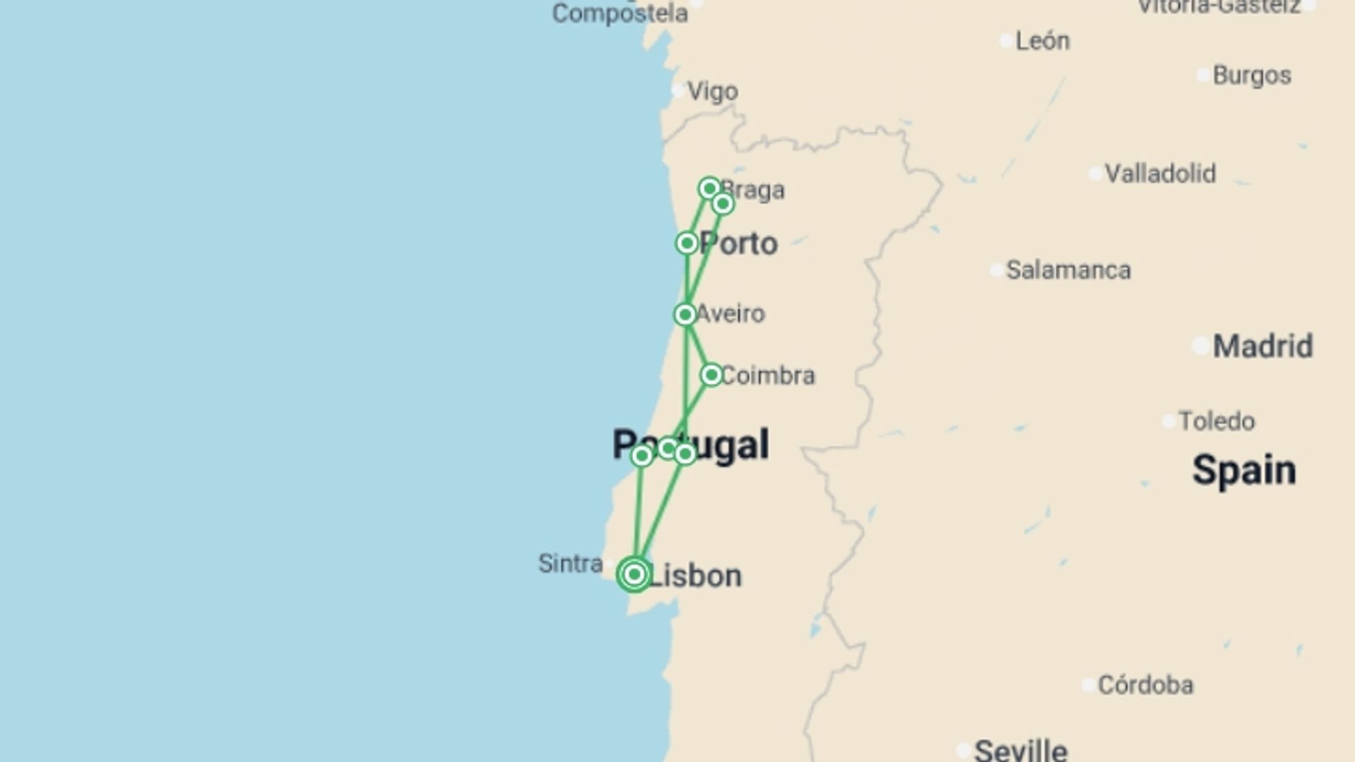 A map showing the tour itinerary for the trip: Northern Portugal, starting in Lisbon, Portugal and ending in Lisbon, Portugal going through 2 other destinations.
