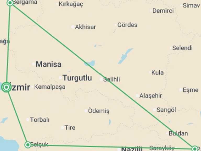 Map itinerary of Europe Tour in March 2026 with 5 destination visits for the trip: 5 Days - Seven Churches Of Revelation